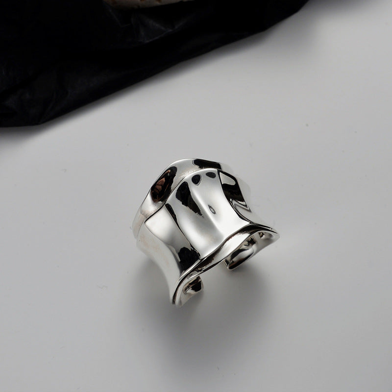 Niche design origami texture retro ring unisex sterling silver glossy