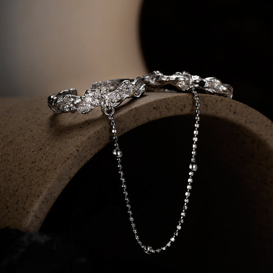 Niche all-match S925 sterling silver texture chain double ring ins style opening diamond thin ring