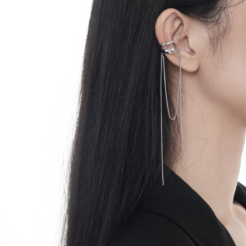 Micro-inlaid tassel ear clip niche design S925 sterling silver double-layer chain ear clip without ear piercing high-end design