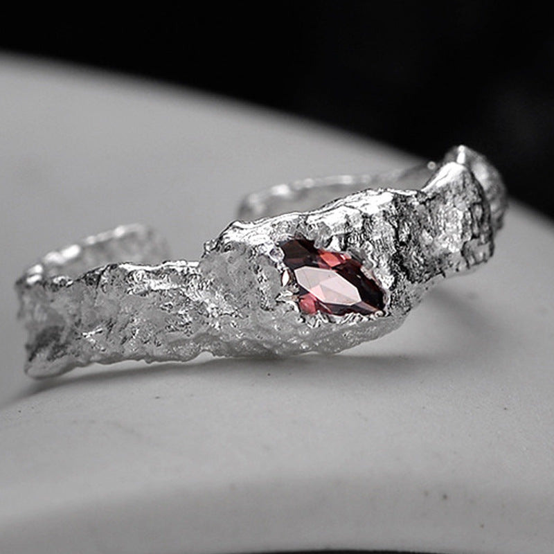 Niche design S925 sterling silver damaged texture ring neutral ins style opening marquise ring