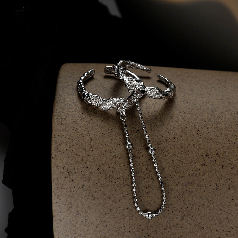 Niche all-match S925 sterling silver texture chain double ring ins style opening diamond thin ring