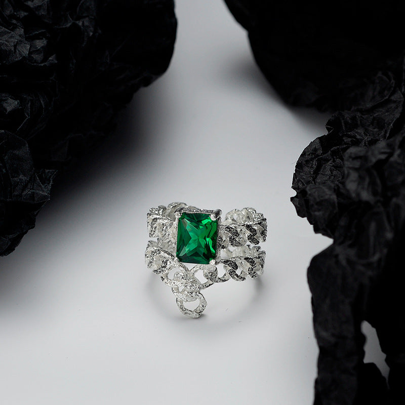 Emerald ring ins style niche design S925 sterling silver hollow texture gem jewelry