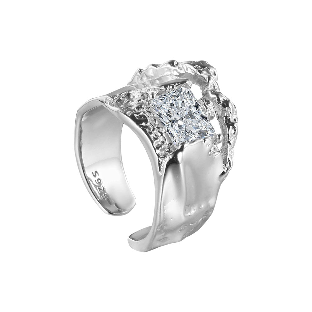 Niche design S925 sterling silver inlaid zircon ring ins style opening texture index finger ring