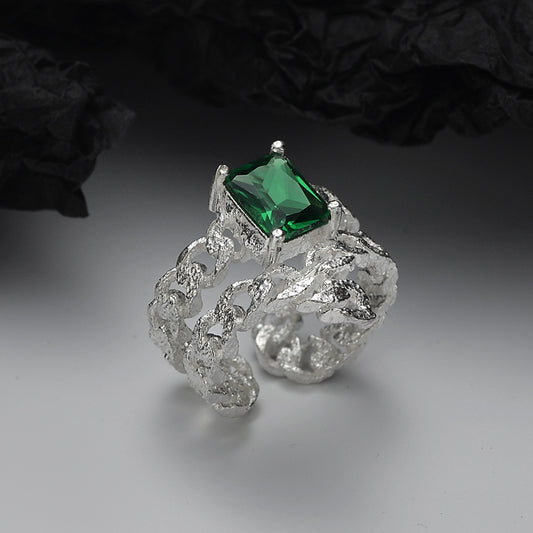 Emerald ring ins style niche design S925 sterling silver hollow texture gem jewelry