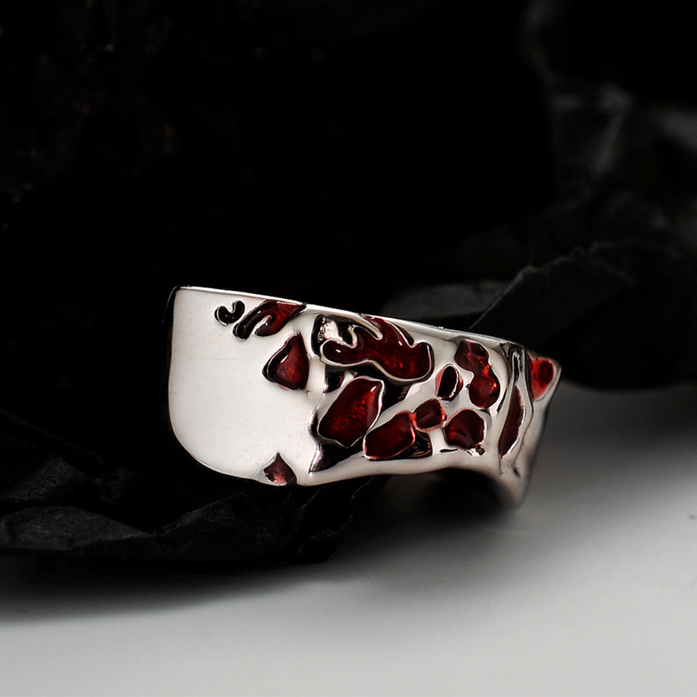 Simple S925 sterling silver red drip glaze ring ins style opening glossy index finger ring