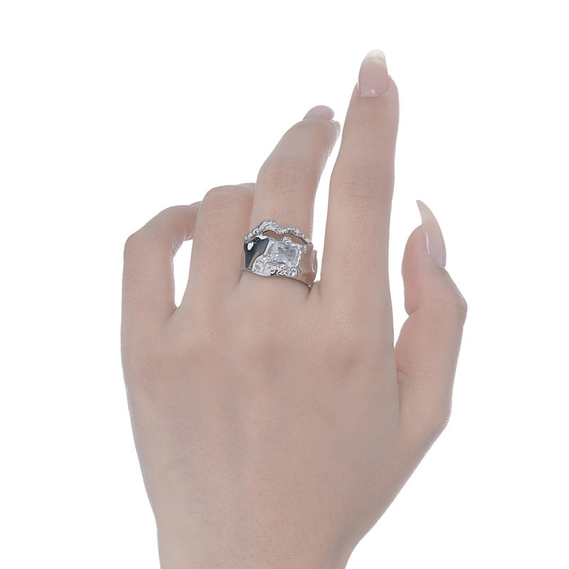 Niche design S925 sterling silver inlaid zircon ring ins style opening texture index finger ring