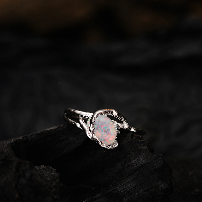 Niche light luxury S925 sterling silver hand-wrapped opal stone ring female opening wrapped opal ring