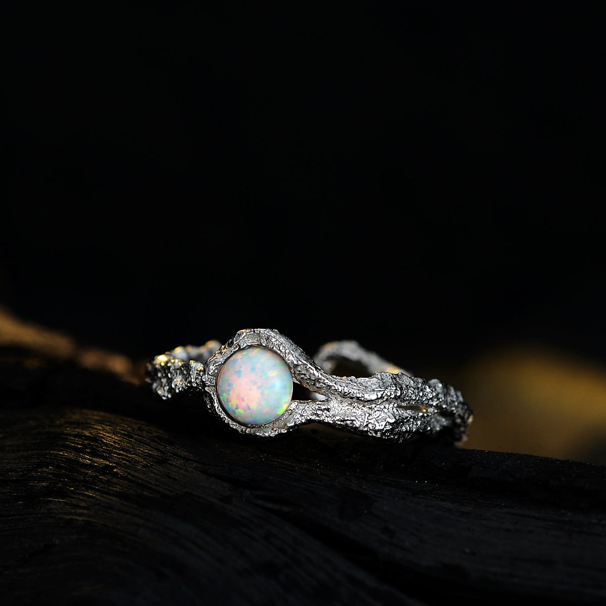 S925 sterling silver opal stone ring female ins style opening burnt wrinkled texture ring