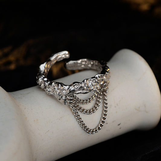 Niche design S925 sterling silver special-shaped texture ring female ins style opening chain index finger ring