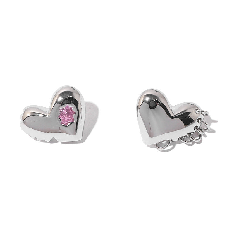 Brass with white gold plated exaggerated personality pink zircon inlaid love heart cool ring earrings asymmetrical earrings