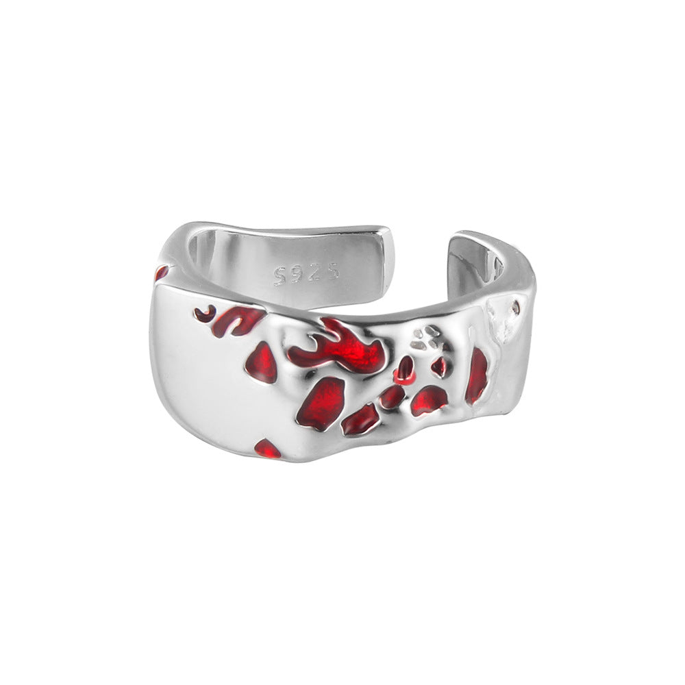 Simple S925 sterling silver red drip glaze ring ins style opening glossy index finger ring