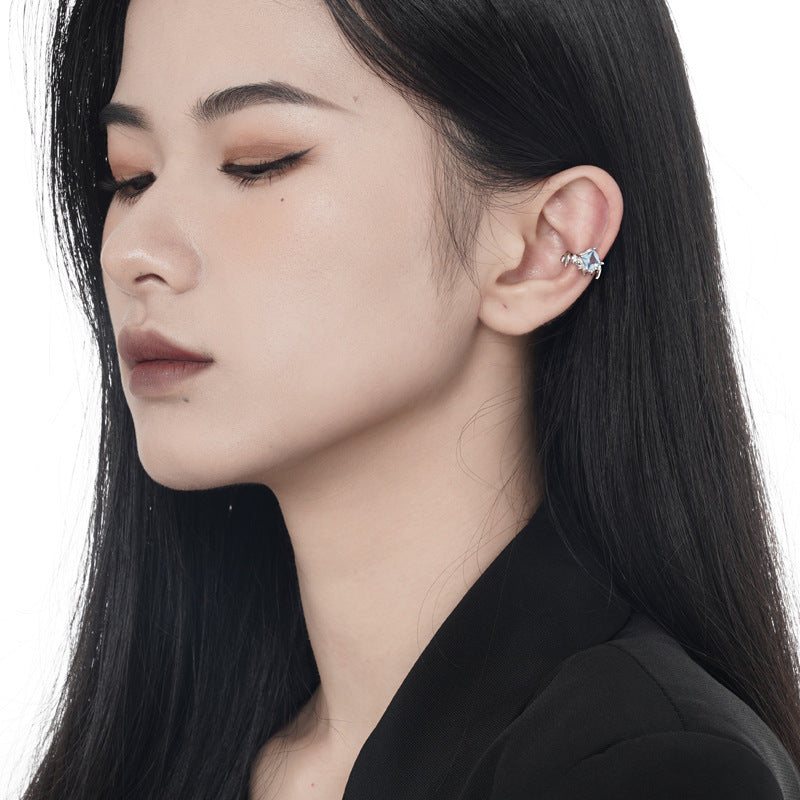 Dark blue zircon ear bone clip no need for ear hole S925 sterling silver thorn texture square diamond ear clip female