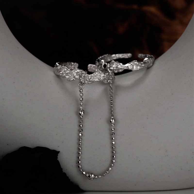 Niche all-match S925 sterling silver texture chain double ring ins style opening diamond thin ring